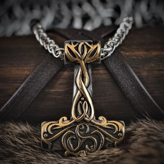 Thors Hammer Necklace Golden Ornaments AE Necklaces