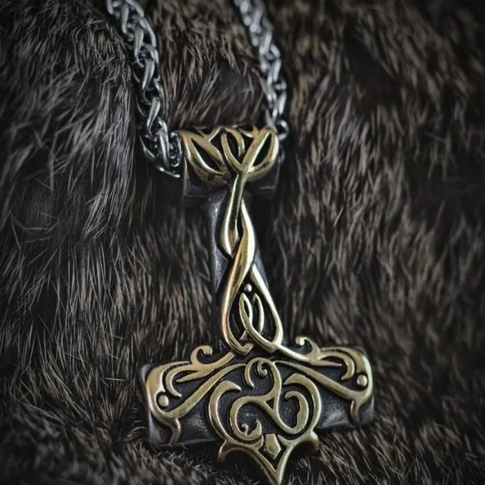 Thors Hammer Necklace Golden Ornaments AE Necklaces