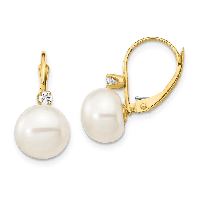 14K 1011mm White Button FWC Pearl 10ct Diamond Leverback Earrings Jewelry Earrings