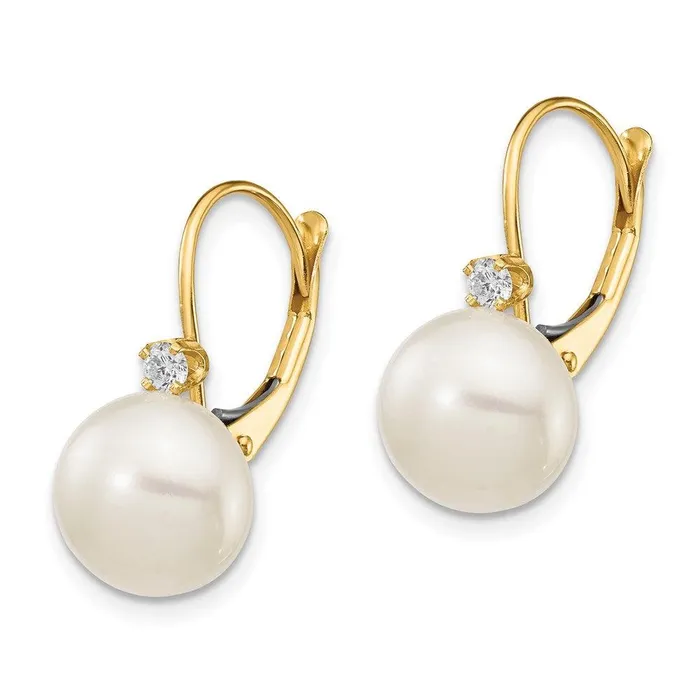 14K 1011mm White Button FWC Pearl 10ct Diamond Leverback Earrings Jewelry Earrings