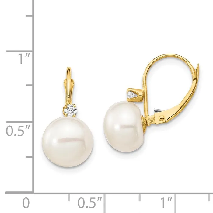 14K 1011mm White Button FWC Pearl 10ct Diamond Leverback Earrings Jewelry Earrings
