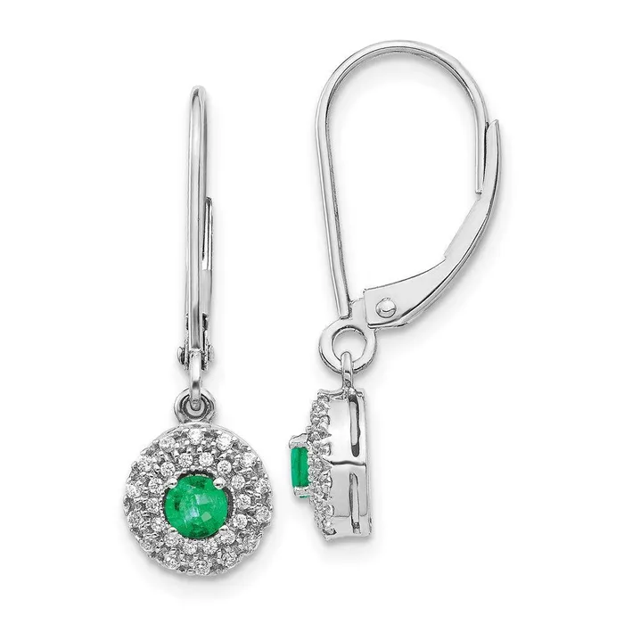 14k White Gold Diamond Halo Emerald Leverback Dangle Earrings Jewelry Earrings