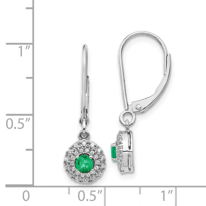 14k White Gold Diamond Halo Emerald Leverback Dangle Earrings Jewelry Earrings