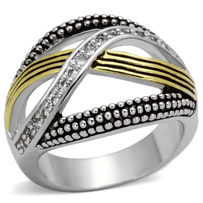 3W305 Reverse TwoTone Brass Ring with AAA Grade CZ in Clear Alamode Rings