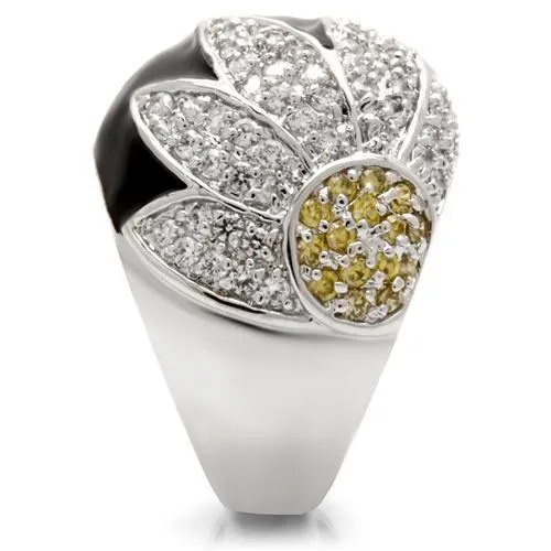 Alamode 0W056 Rhodium Brass Ring with AAA Grade CZ in Topaz Rings