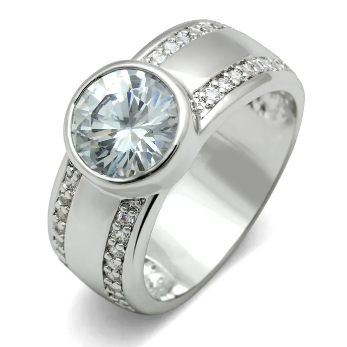 Alamode 3W147 Rhodium Brass Ring with AAA Grade CZ in Clear Rings