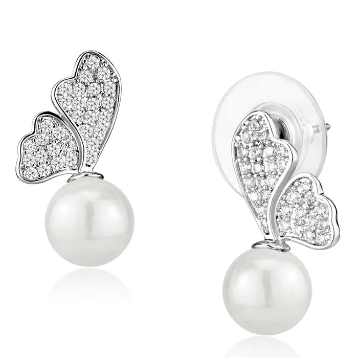 Alamode Earrings 3W1299 Rhodium Brass Earrings with Synthetic Pearl in White