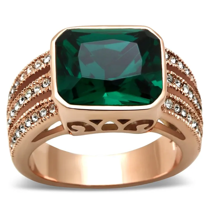 Alamode GL240 IP Rose GoldIon Plating Brass Ring with Synthetic Synthetic Glass in Blue Zircon Rings