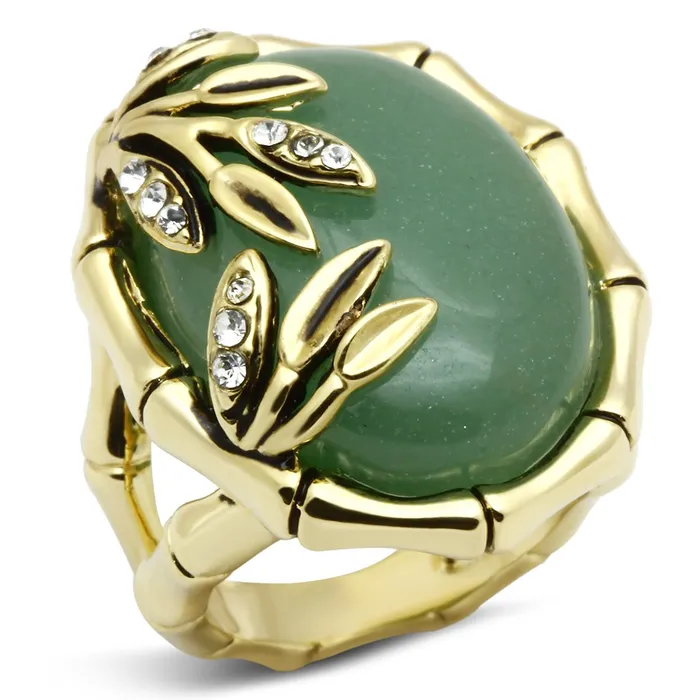 Alamode LO2609 Gold Brass Ring with SemiPrecious Jade in Emerald Rings