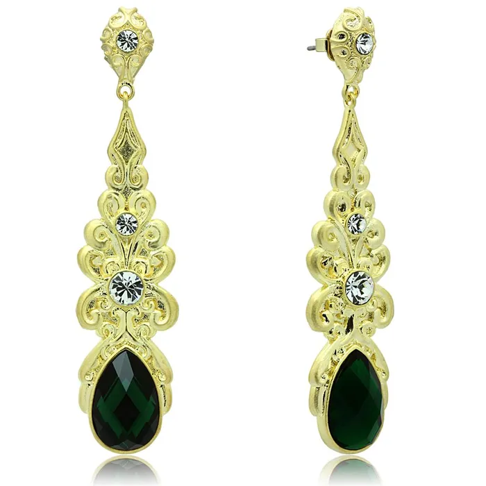 Alamode LO3669 Gold Brush Brass Earrings with Synthetic Synthetic Glass in Emerald Earrings
