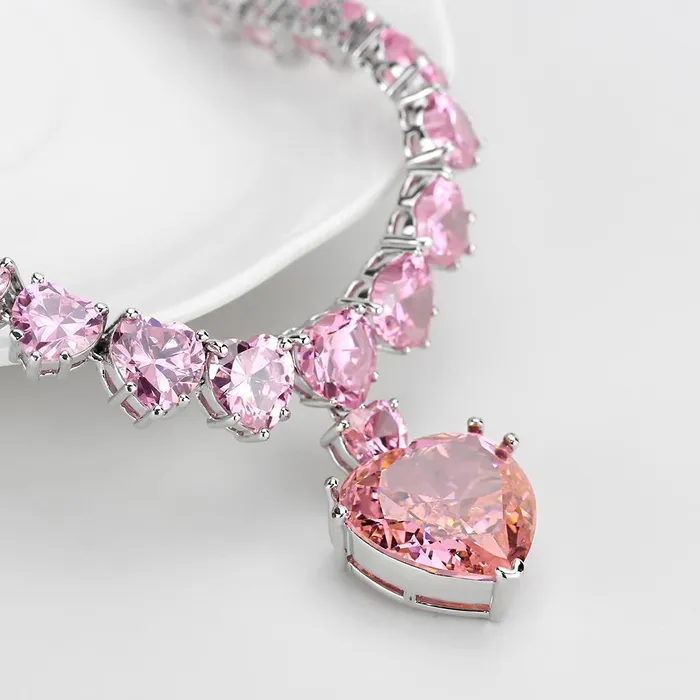 Alamode Necklaces LO4705 Rhodium Brass Necklace with AAA Grade CZ in Rose