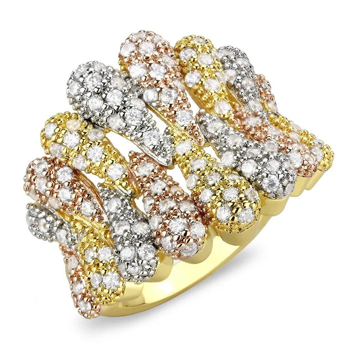 Alamode Rings 3W1462 Tricolor Brass Ring with AAA Grade CZ in Clear