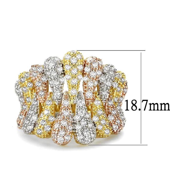 Alamode Rings 3W1462 Tricolor Brass Ring with AAA Grade CZ in Clear