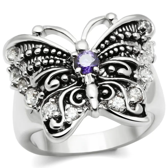 Alamode Rings 3W204 Rhodium Brass Ring with AAA Grade CZ in Amethyst
