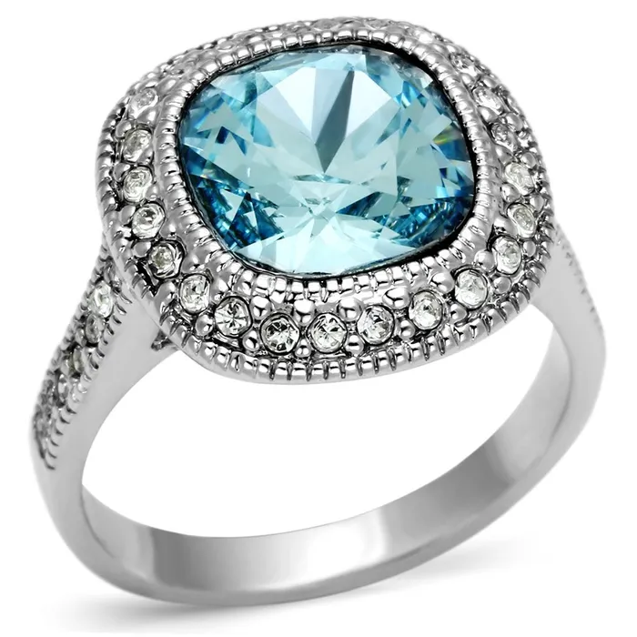 Alamode Rings LO2506 Rhodium Brass Ring with Top Grade Crystal in Sea Blue