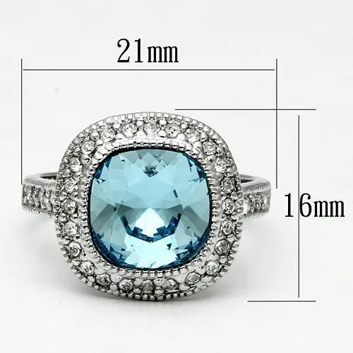 Alamode Rings LO2506 Rhodium Brass Ring with Top Grade Crystal in Sea Blue