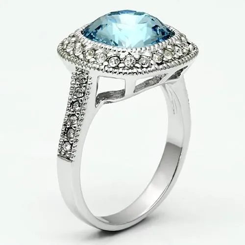 Alamode Rings LO2506 Rhodium Brass Ring with Top Grade Crystal in Sea Blue