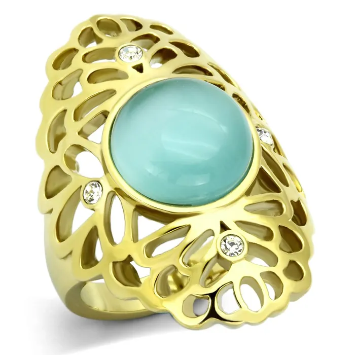 Alamode Rings TK1029 IP GoldIon Plating Stainless Steel Ring with Synthetic Cat Eye in Light Sapphire