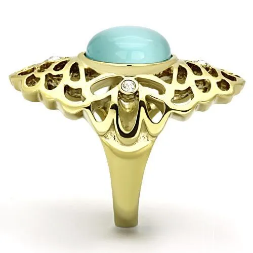 Alamode Rings TK1029 IP GoldIon Plating Stainless Steel Ring with Synthetic Cat Eye in Light Sapphire