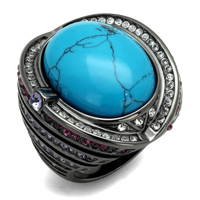 Alamode Rings TK2983 IP Light Black IP Gun Stainless Steel Ring with Synthetic Turquoise in Sea Blue