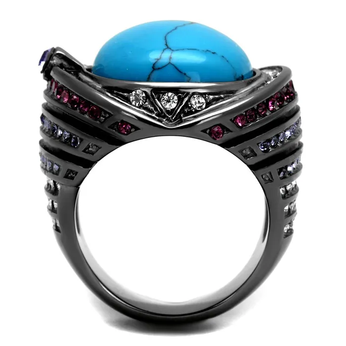 Alamode Rings TK2983 IP Light Black IP Gun Stainless Steel Ring with Synthetic Turquoise in Sea Blue