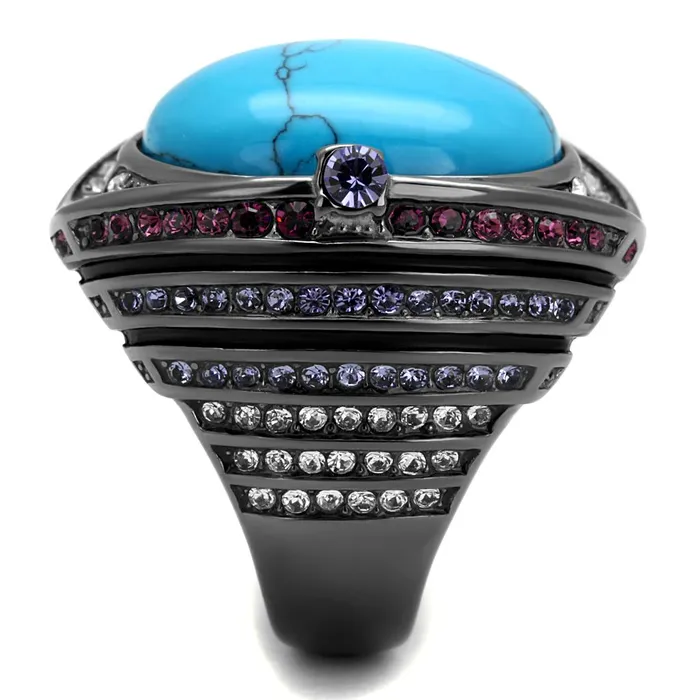 Alamode Rings TK2983 IP Light Black IP Gun Stainless Steel Ring with Synthetic Turquoise in Sea Blue