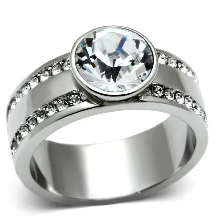 Alamode Rings TK646 High polished no plating Stainless Steel Ring with Top Grade Crystal in Clear