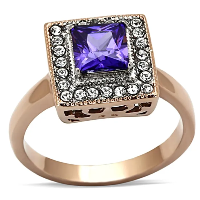 Alamode TK1162 TwoTone IP Rose Gold Stainless Steel Ring with AAA Grade CZ in Tanzanite Rings