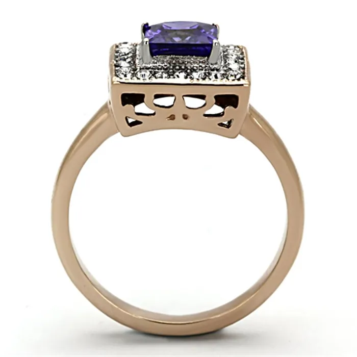Alamode TK1162 TwoTone IP Rose Gold Stainless Steel Ring with AAA Grade CZ in Tanzanite Rings