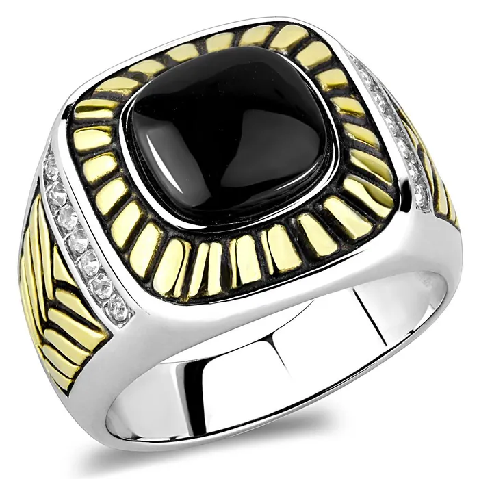 Alamode TK3294 TwoTone IP Gold Ion Plating Stainless Steel Ring with Synthetic Onyx in Jet Rings