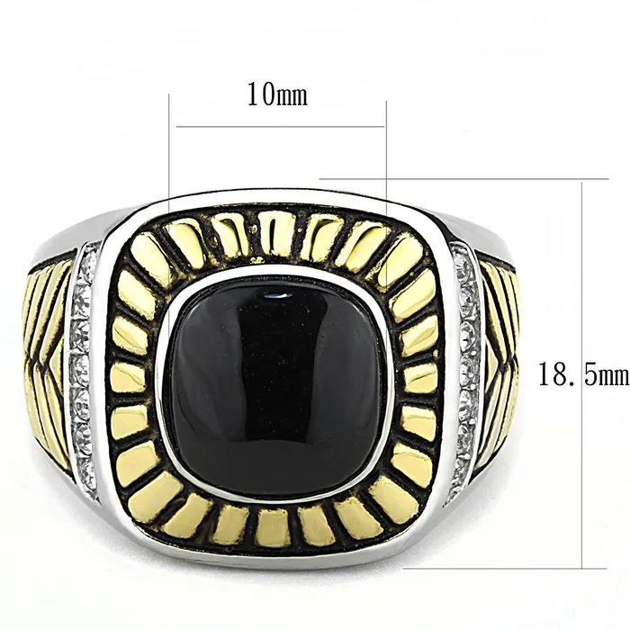 Alamode TK3294 TwoTone IP Gold Ion Plating Stainless Steel Ring with Synthetic Onyx in Jet Rings