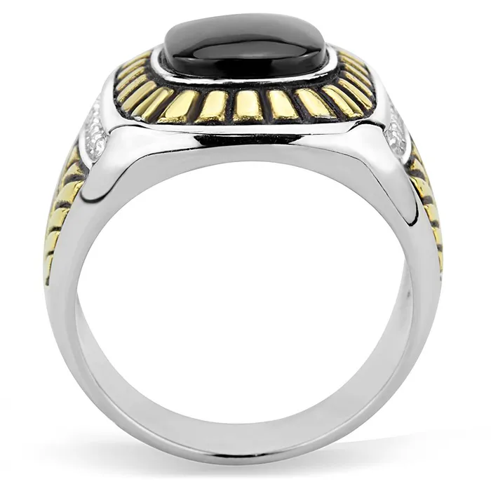 Alamode TK3294 TwoTone IP Gold Ion Plating Stainless Steel Ring with Synthetic Onyx in Jet Rings
