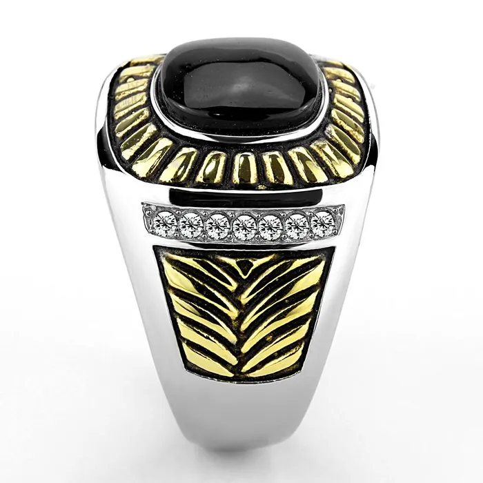 Alamode TK3294 TwoTone IP Gold Ion Plating Stainless Steel Ring with Synthetic Onyx in Jet Rings