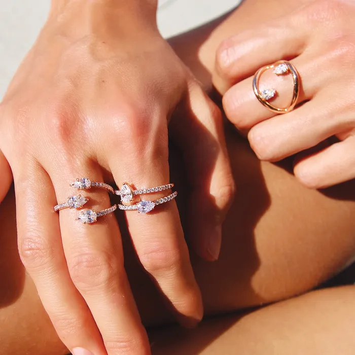 anitako THREE STONE CLAW DIAMOND RING WITH PAVE BAND Rings