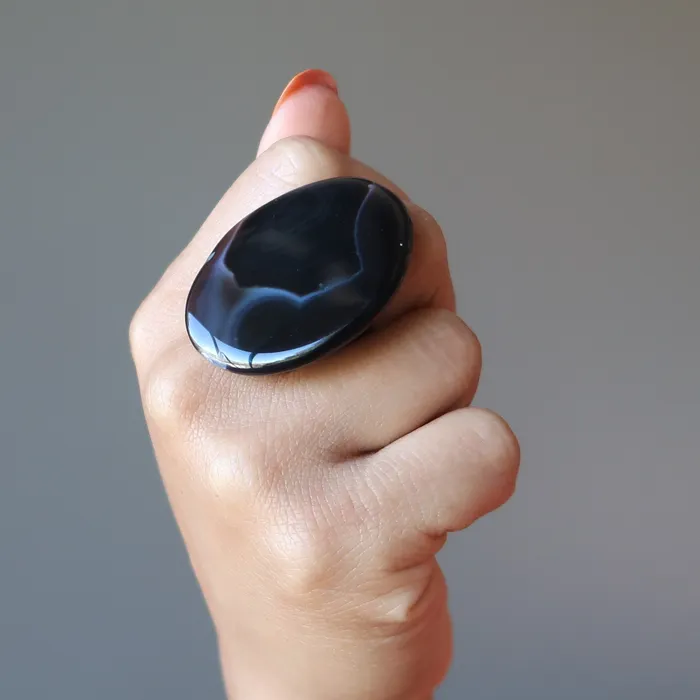 Black Agate Ring LargeinCharge Power Stone Adjustable Bronze Satin Crystals Rings