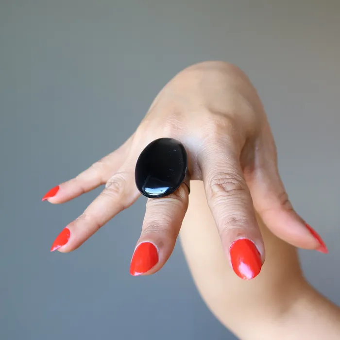 Black Agate Ring LargeinCharge Power Stone Adjustable Bronze Satin Crystals Rings