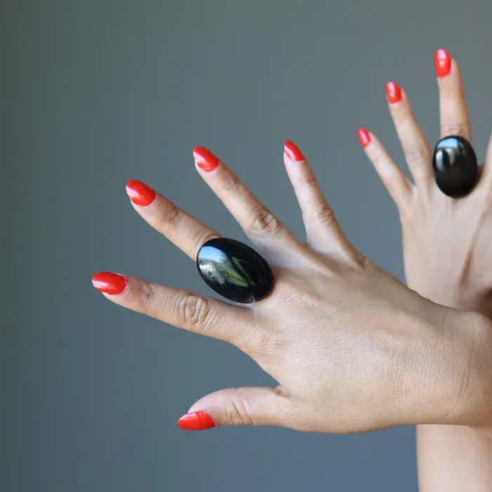 Black Agate Ring LargeinCharge Power Stone Adjustable Bronze Satin Crystals Rings