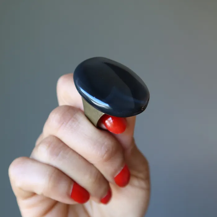 Black Agate Ring LargeinCharge Power Stone Adjustable Bronze Satin Crystals Rings