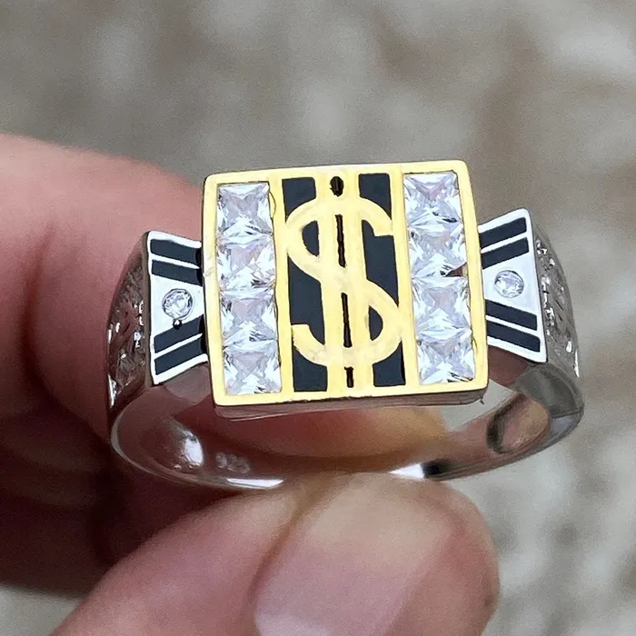 Bling Cartel Admin Rings 925 Sterling Silver Iced Money Dollar Sign Two Tone Ring