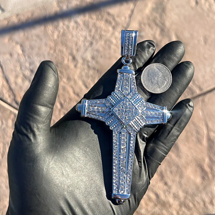 Bling Cartel Necklaces Mens Latin Cross Hip Hop Pendant Silver Tone Iced Bling Out CZ 5