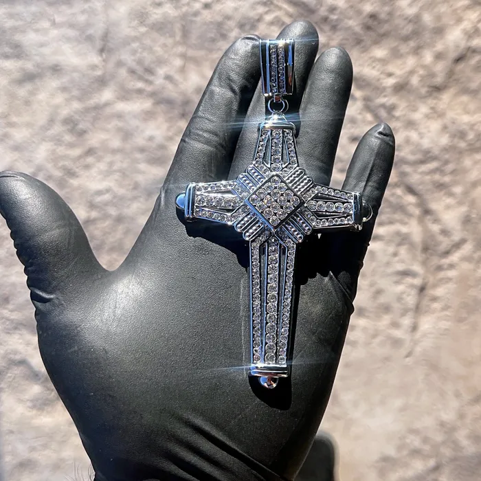 Bling Cartel Necklaces Mens Latin Cross Hip Hop Pendant Silver Tone Iced Bling Out CZ 5