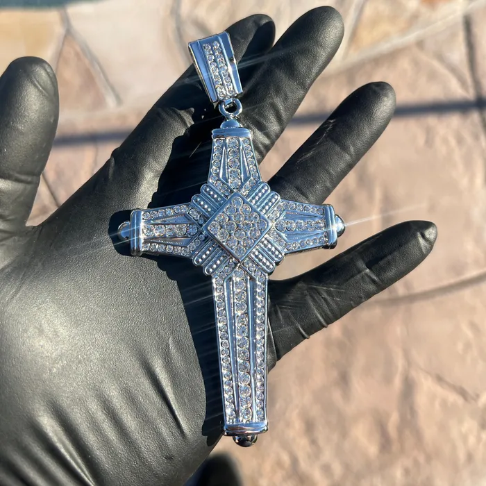 Bling Cartel Necklaces Mens Latin Cross Hip Hop Pendant Silver Tone Iced Bling Out CZ 5