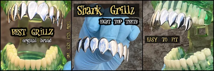Bling Cartel Rings Shark Grillz Eight Top Teeth Plain Silver Tone