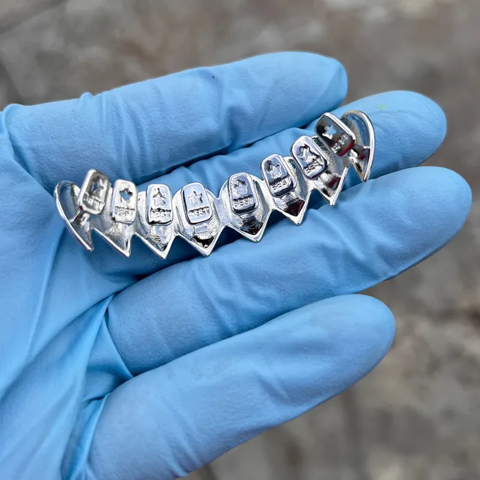 Bling Cartel Rings Shark Grillz Eight Top Teeth Plain Silver Tone