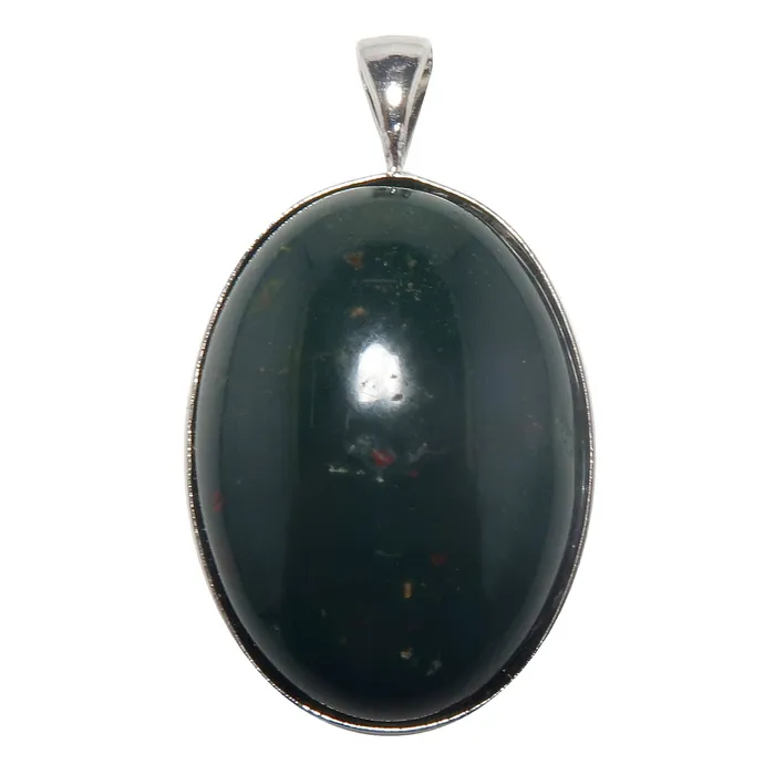 Bloodstone Pendant Badge Courage Green Oval Silver Satin Crystals Necklaces