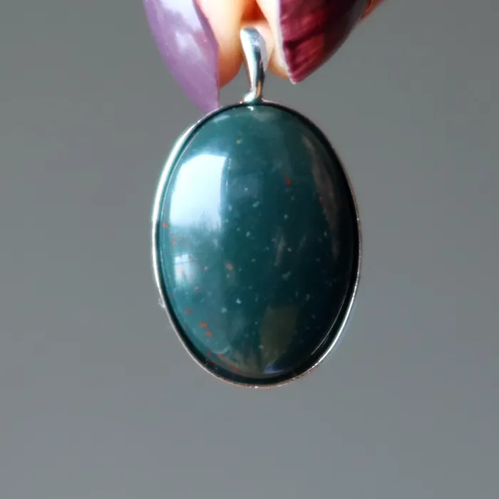 Bloodstone Pendant Badge Courage Green Oval Silver Satin Crystals Necklaces