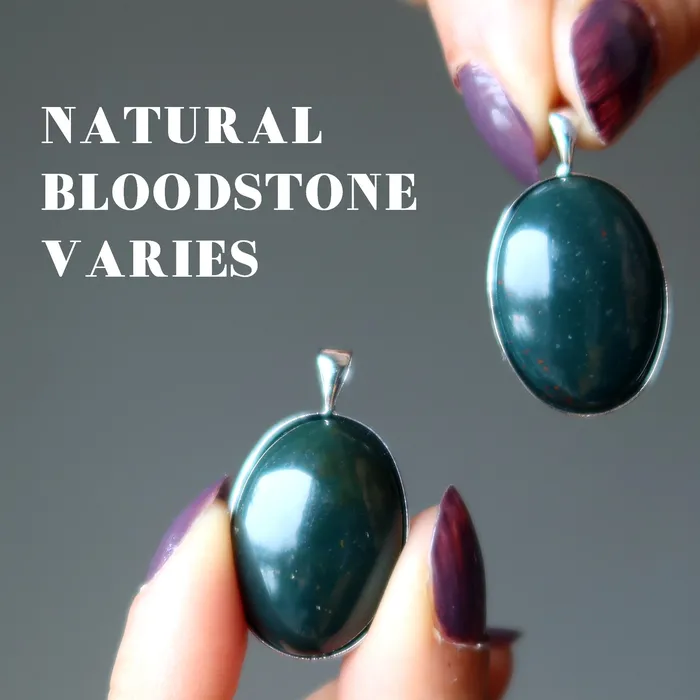 Bloodstone Pendant Badge Courage Green Oval Silver Satin Crystals Necklaces