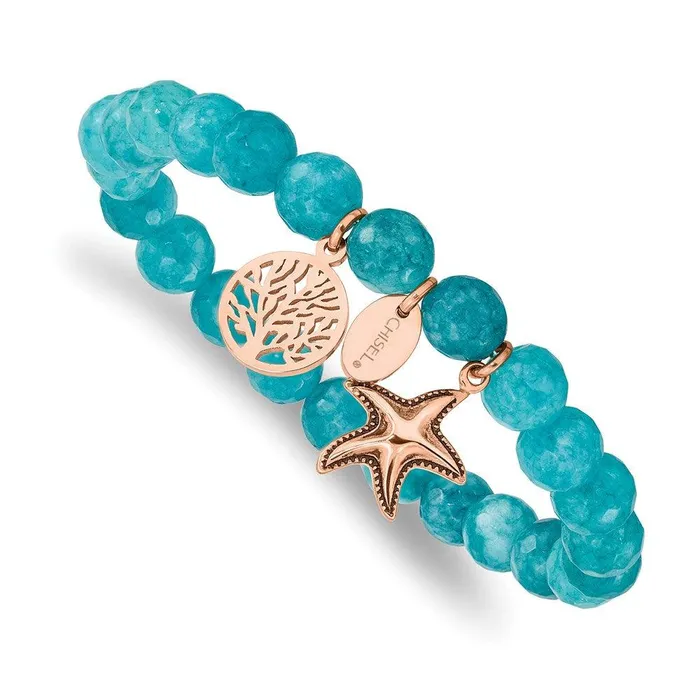 Bracelets Chisel Stainless Steel Antiqued Polished Rose IP Starfish Aqua Dyed Jade Bracele