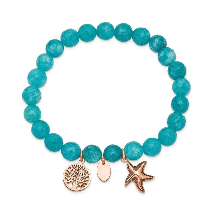 Bracelets Chisel Stainless Steel Antiqued Polished Rose IP Starfish Aqua Dyed Jade Bracele