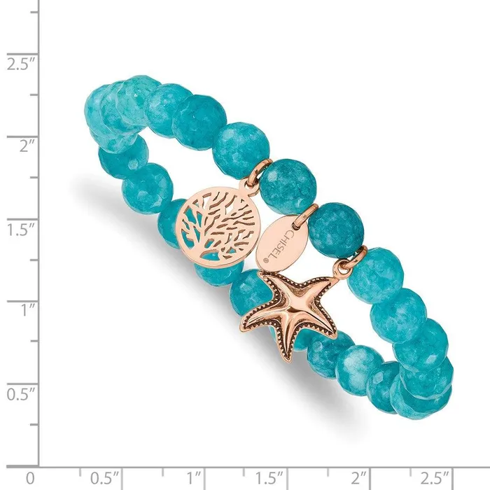 Bracelets Chisel Stainless Steel Antiqued Polished Rose IP Starfish Aqua Dyed Jade Bracele